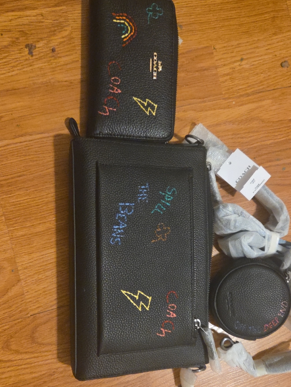 Coach Black Pebbled Leather Mini Bag Trio with Multicolor Embroidery